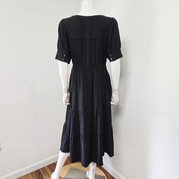 Madewell Dress Size 8 Black Lightspun Gauze Tiered Button Front Midi Pockets - Picture 3 of 16